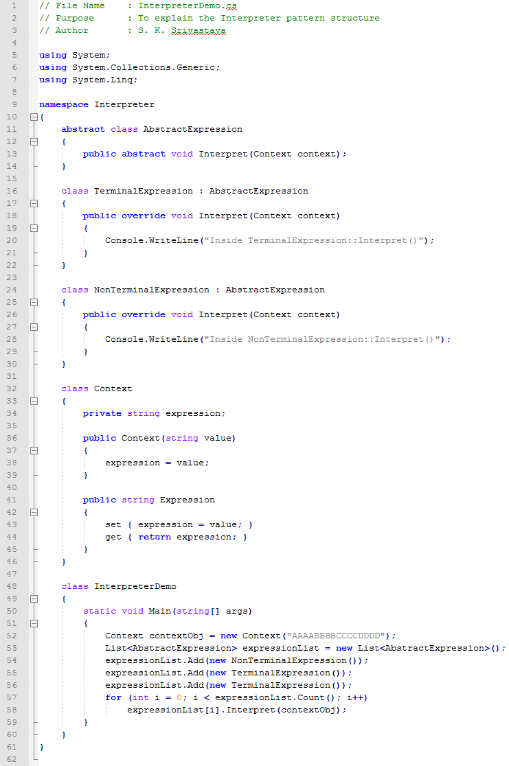 Interpreter design pattern In C#