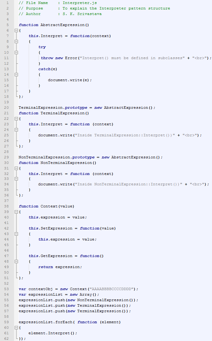 Interpreter design pattern In JavaScript / js