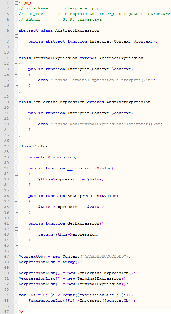 Interpreter design pattern In PHP