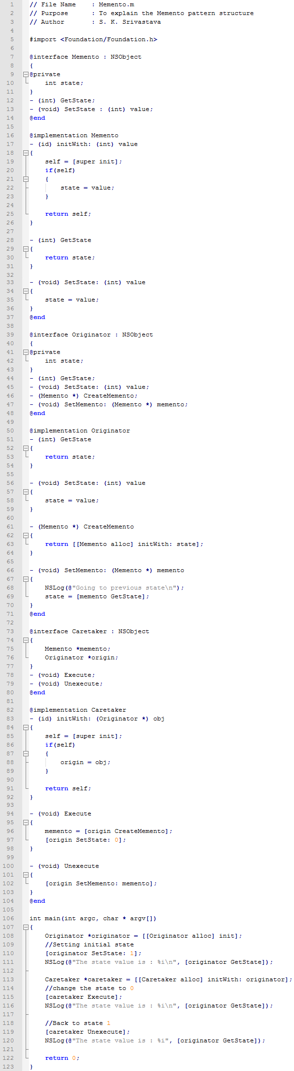 Memento design pattern In Objective C