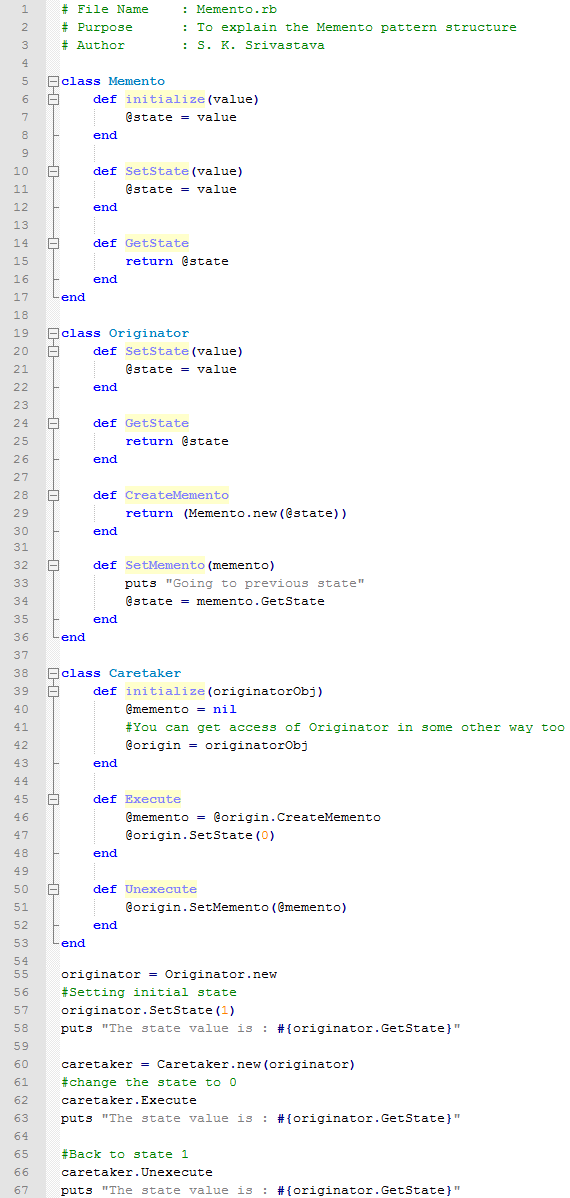 Memento design pattern In Ruby
